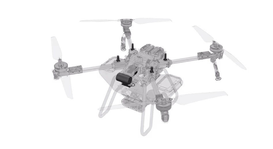 Transparent 3D model of a quadcopter drone showing internal components and four propellers.