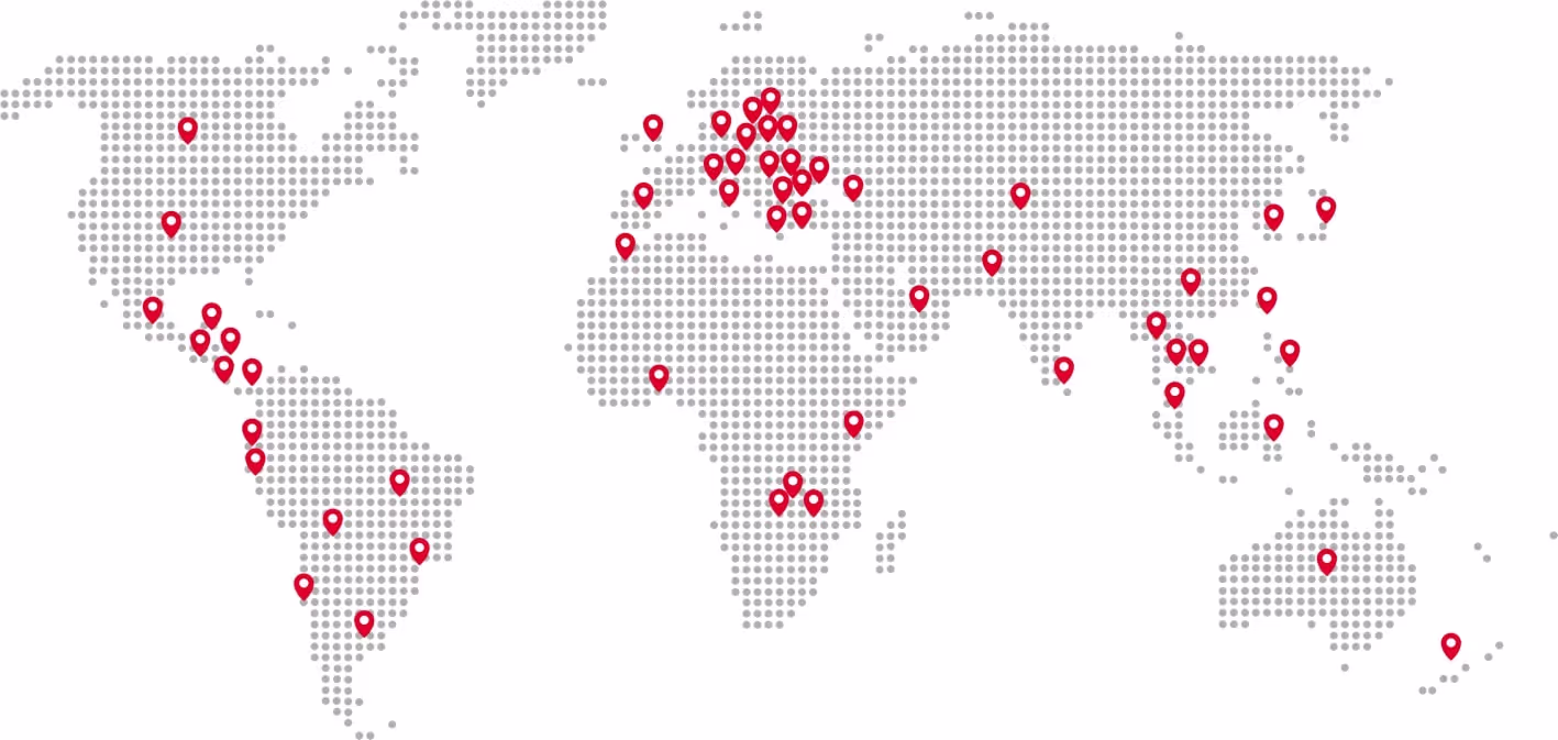 World map with red location markers indicating various global points across continents.